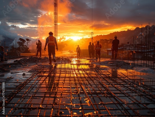 Construction Site at Sunset with Reflective Surfaces