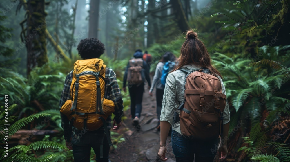 Diverse Group of Friends Hiking Towards a Lush Forest Trail Generative AI