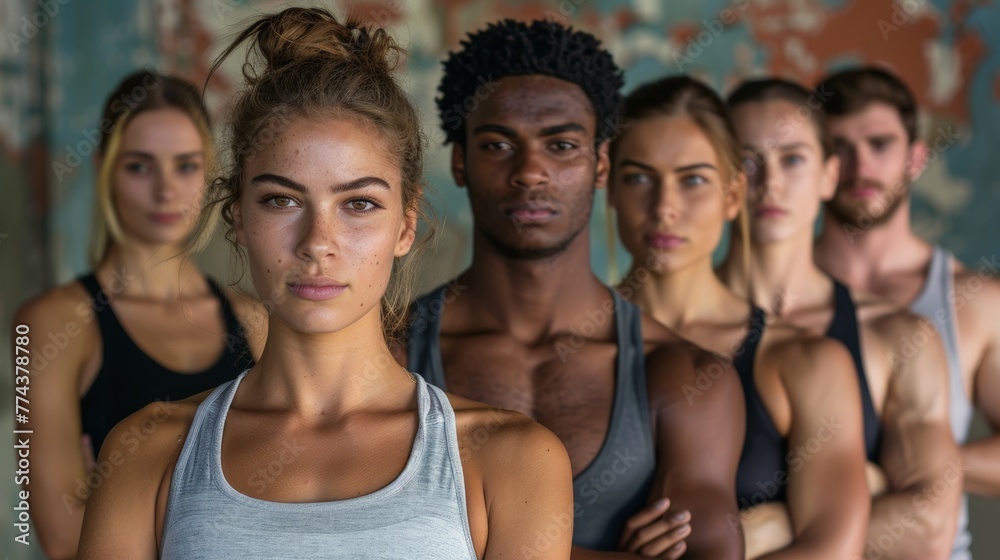 Fit and Diverse Group of Young Individuals Posing in a Modern Gym Generative AI