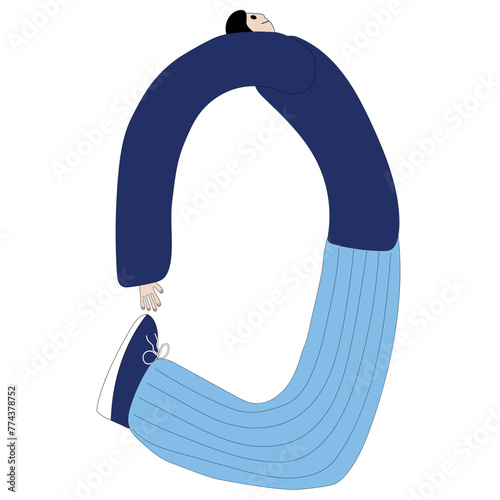 O man in the shape of the letter O, alphabet, font, man in blue clothes
