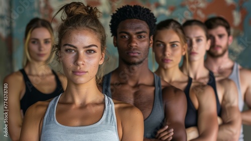 Fit and Diverse Group of Young Individuals Posing in a Modern Gym Generative AI