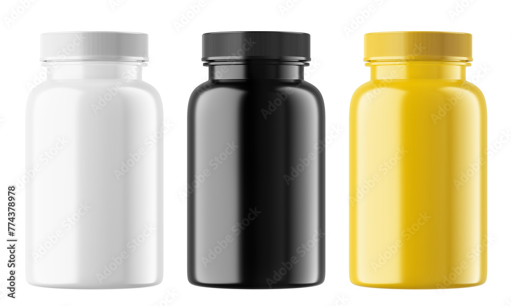 A set of Realistic pills bottles isolated on white. A set of Realistic pills bottles isolated on white.