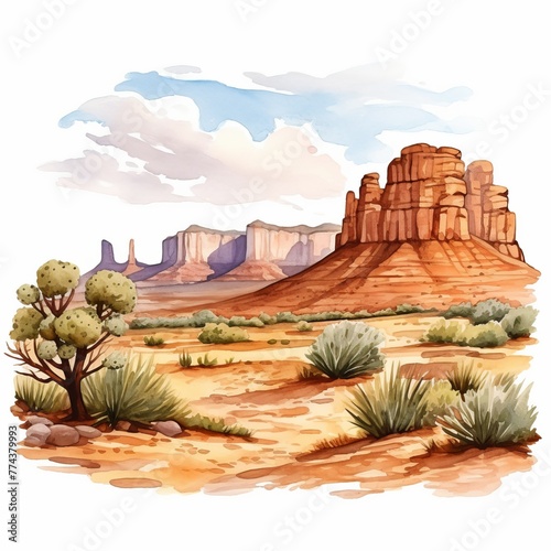 Aquarell Tafelberg Mesa Butte Wüstenlandschaft Illustration