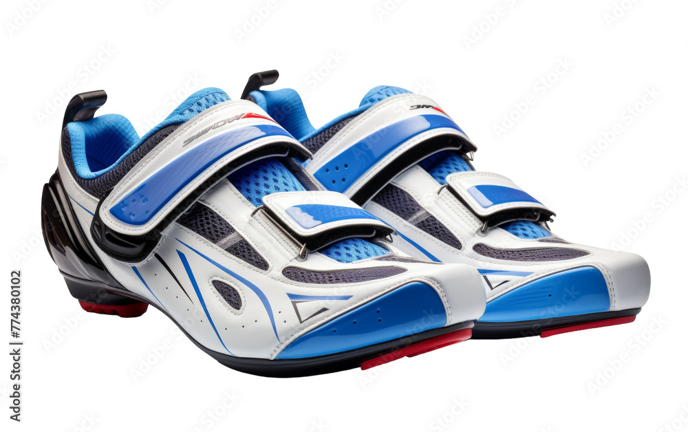 A vibrant pair of blue and white shoes standing elegantly against a pristine white background A vibrant pair of blue and white shoes standing elegantly against a pristine white background