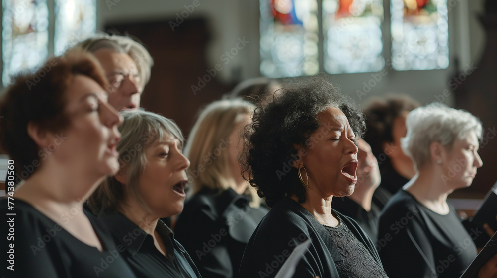 A choir made up of members from diverse age groups and ethnicities sings passionately inside a church. The natural light from the windows highlights their expressions, with the arc A choir made up of members from diverse age groups and ethnicities sings passionately inside a church. The natural light from the windows highlights their expressions, with the arc
