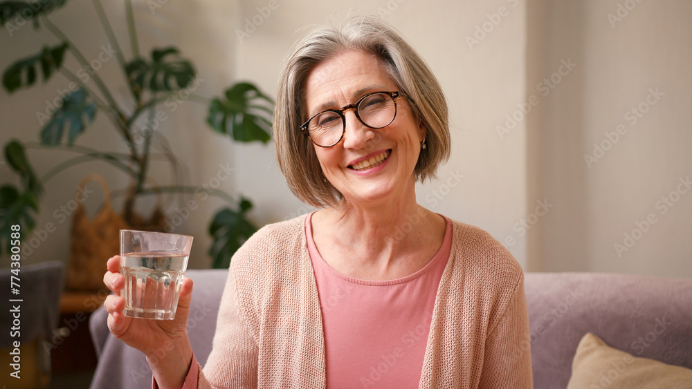 Mature old 60s woman, older middle aged female customer holding glass of water and drinking it on couch at home. Stay hydrated concept Mature old 60s woman, older middle aged female customer holding glass of water and drinking it on couch at home. Stay hydrated concept
