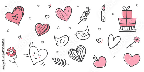 Hand-drawn illustrations on the theme of love. Traditional romantic symbols: hearts, flowers, birds, candle, gift box. Free vector drawing.