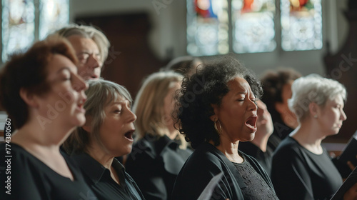 A choir made up of members from diverse age groups and ethnicities sings passionately inside a church. The natural light from the windows highlights their expressions  with the arc