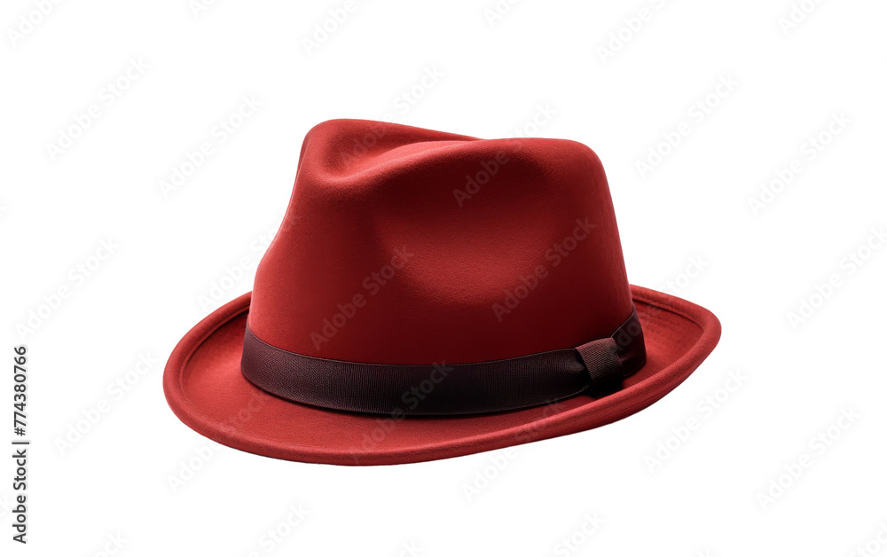 A crimson hat adorned with a sleek black ribbon wrapped around the brim A crimson hat adorned with a sleek black ribbon wrapped around the brim