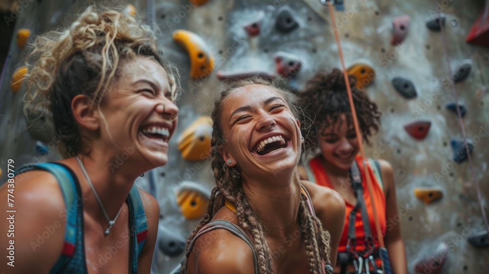 Friends Enjoying a Fitness Session at an Indoor Rock Climbing Gym Generative AI