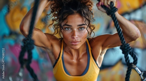 Fitness Enthusiast Woman Strengthening Core with Suspension Rope Training in Studio Generative AI
