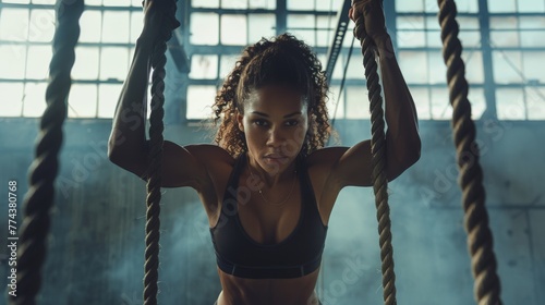 Fitness Enthusiast Woman Strengthening Core with Suspension Rope Training in Studio Generative AI photo