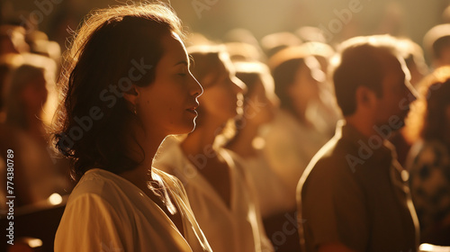 A moment of silence during a church service, capturing a diverse group of attendees in thoughtful reflection. The soft, natural light from above bathes them in warmth, creating a s