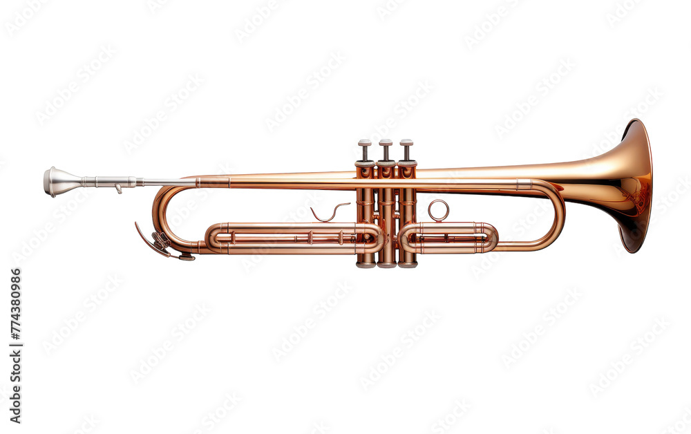 A gleaming brass trumpet rests gracefully against a stark white background A gleaming brass trumpet rests gracefully against a stark white background
