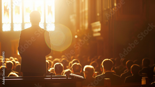 A young, dynamic speaker at the pulpit, engaging the congregation with a powerful, uplifting message. The morning sunlight filters in, casting a warm glow and soft shadows that enh photo