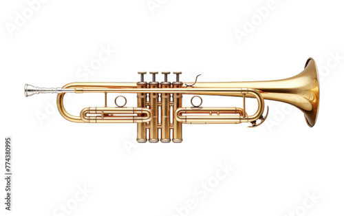 A gleaming brass trumpet stands proudly on a white background