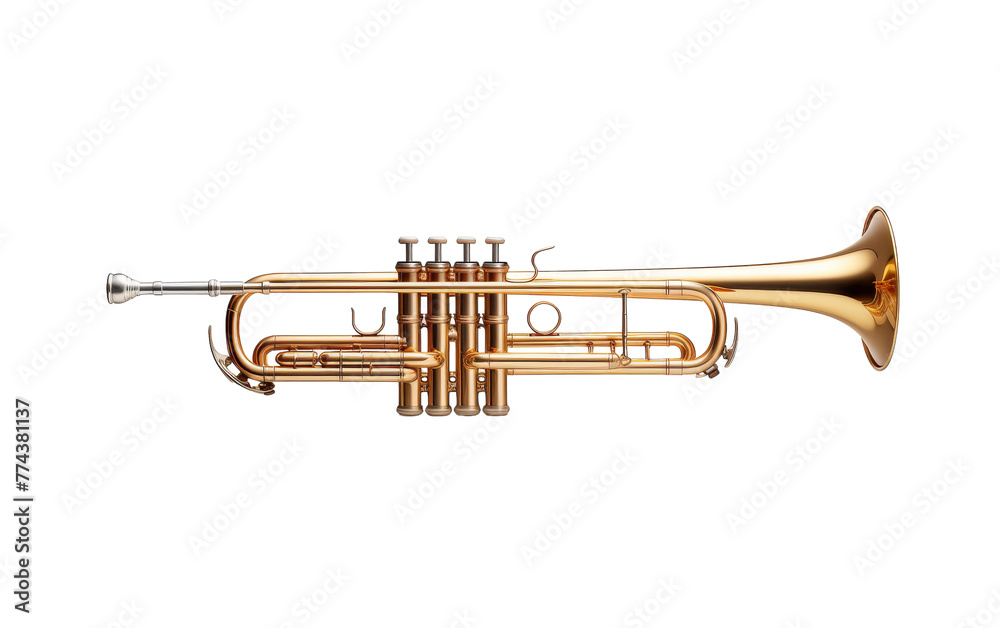 Obraz premium A shiny brass trumpet gleams on a white background