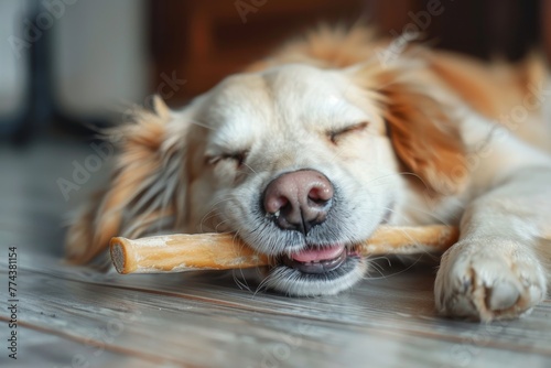 Happy puppy chewing on a cheese bone on the floor holding stick photo