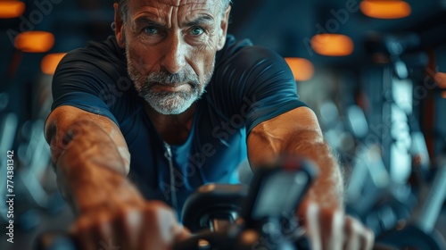 Fit Senior Cycling Indoors During Gym Workout Generative AI