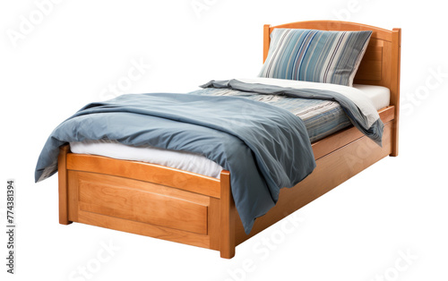 A wooden framed bed adorned with a cozy blue blanket