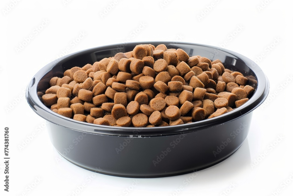 Healthy kibble in dog bowl on white background Healthy kibble in dog bowl on white background