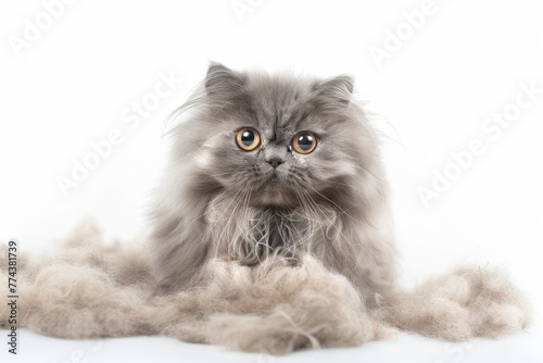 Gray Persian cat surprised by pile of fur after haircut in animal salon Focus on white background photo