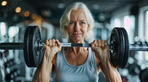 Fit Middle-Aged Woman Preparing for a Weightlifting Session at the Gym Generative AI photo