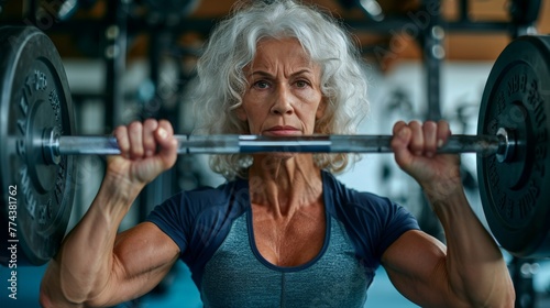 Fit Middle-Aged Woman Preparing for a Weightlifting Session at the Gym Generative AI photo