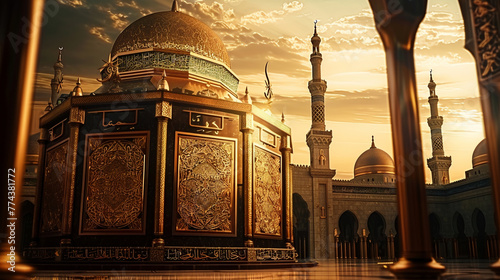 Golden minarets symbolize arabic spirituality and culture, AI Generative. photo