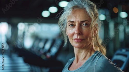 Fit Middle-Aged Woman Exercising on Treadmill at Gym Generative AI