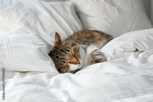 A cat sleeps on a bed between two pillows and a soft bedspread