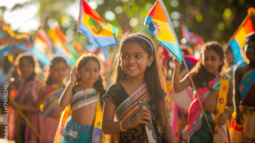 Children participating in a cultural parade within the conference, proudly carrying flags and handmade signs representing their heritage. The morning sun illuminates their faces, c