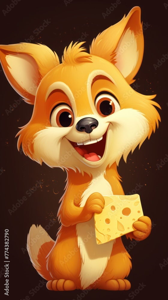 Cute Character: The cartoon image of a little fox holding a piece of cheese creates an adorable scene against a dark background. Cute Character: The cartoon image of a little fox holding a piece of cheese creates an adorable scene against a dark background.
