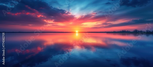 Beautiful view on lake landscape and colorful sunset with water reflection
