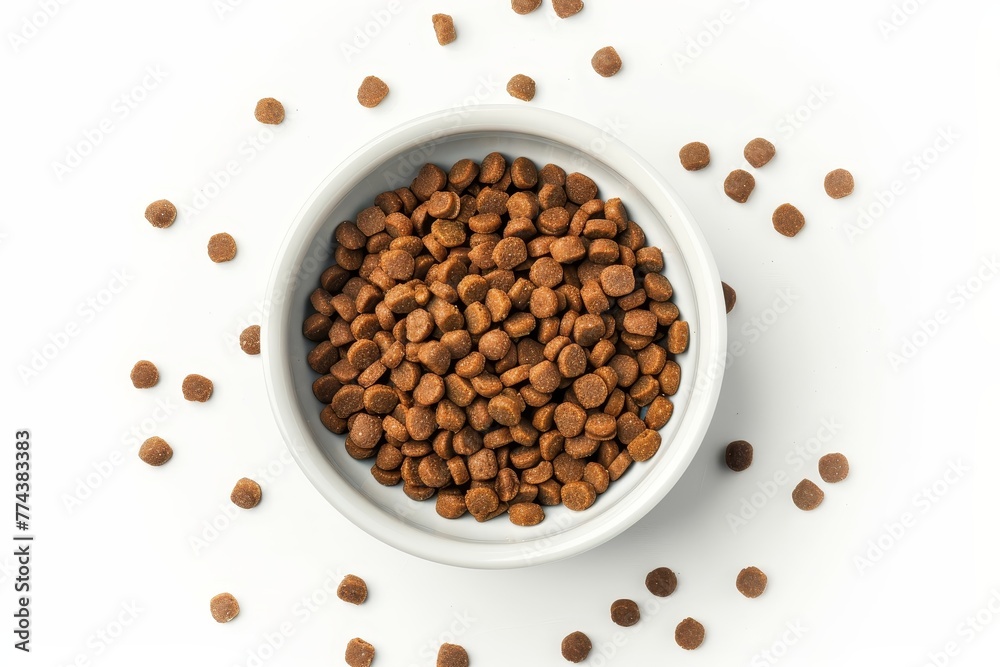 Dog food in white bowl on white background top view Dog food in white bowl on white background top view