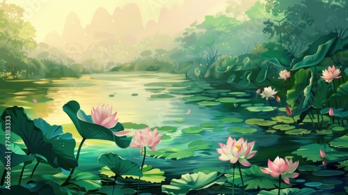 painting of Lotus in the river made with colored paint © pector