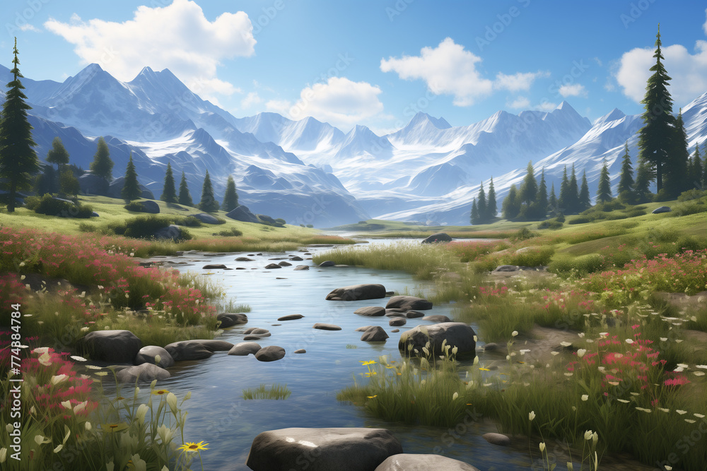 A stream running through a lush green valley A stream running through a lush green valley