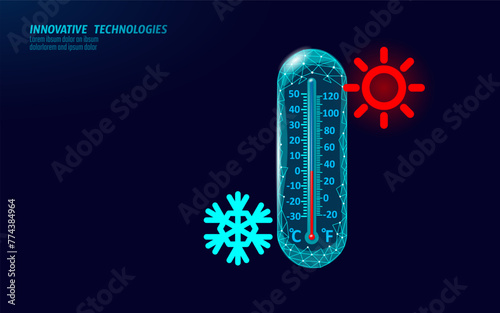 Cryotherapy thermometer cold temperature. Medical skin dermatology treatment. Ice Age global 3D low poly body cure vector illustration