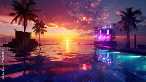 Pool in beach with Sunset in background and DJ Stage