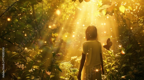 little girl A fairy flying in a forest and lights