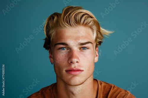 Thoughtful Young Man with Blue Eyes and Brown Shirt. Generative AI. photo