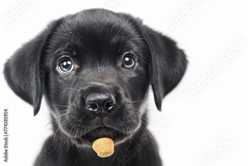 Cute black lab puppy balancing treat on nose White background for text