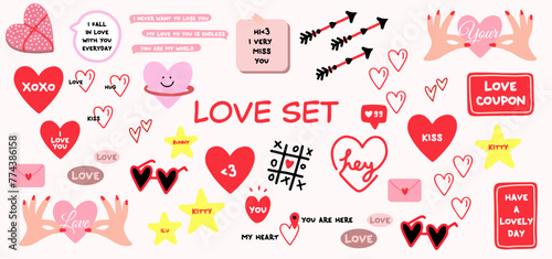 Valentine's Day Sticker Set. Love Vector 90s Cute Red and Pink Romantic Sticker Set, coupid, arrows, illustration, vector, ai