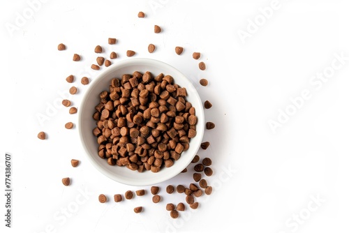 Cat food on white background viewed from above