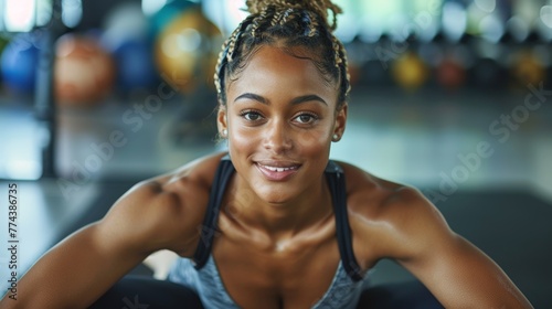 Fit Young Woman Engaged in Intense Sit-ups During Group Exercise Class Generative AI