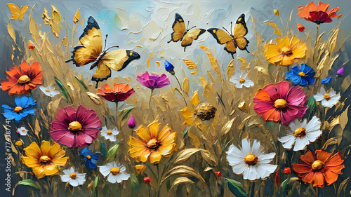  bright colorful wildflowers and golden butterflies painted with oil paints photo