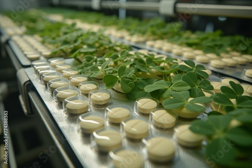 A row of pills with clover leaves growing on them. Generative AI.