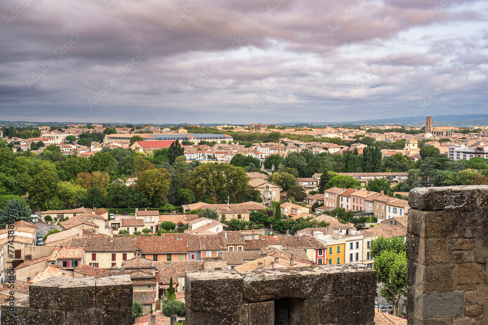 Panorama of the houses in the town of Carcassonne in the south of France