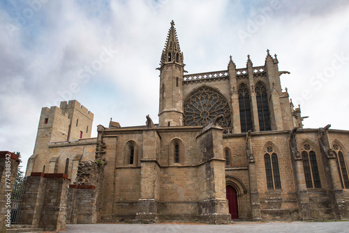 Exterior architecture of the basilica in the town of Carcassonne in the south of France