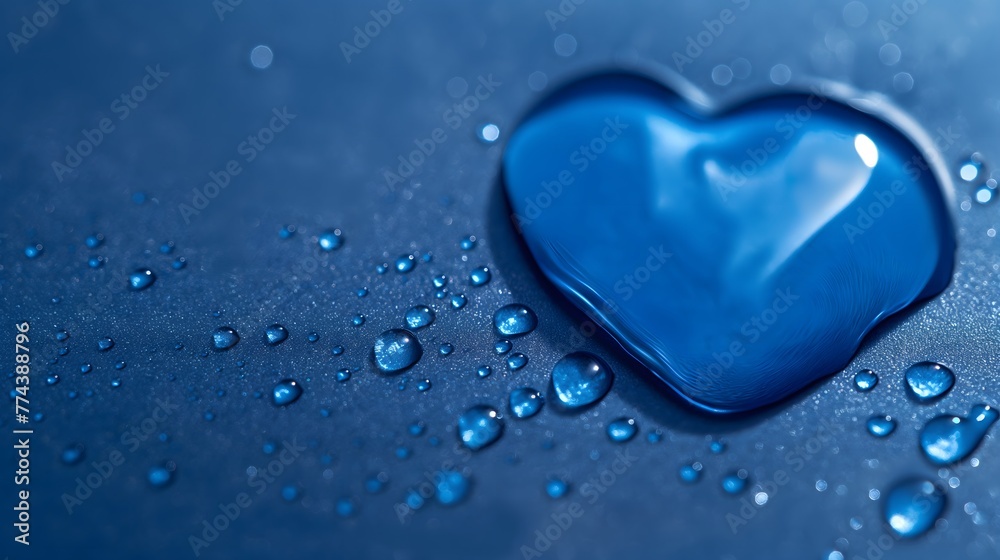 Fototapeta premium Wassertropfen in Herzform auf blauem Hintergrund, Banner Herz